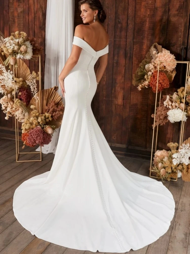 Classic Off The Shoulder Wedding Dresses V Neck Smooth Satin Mermaid Ball Gowns Long Chapel Train Formal Bridal Beach Party Gala