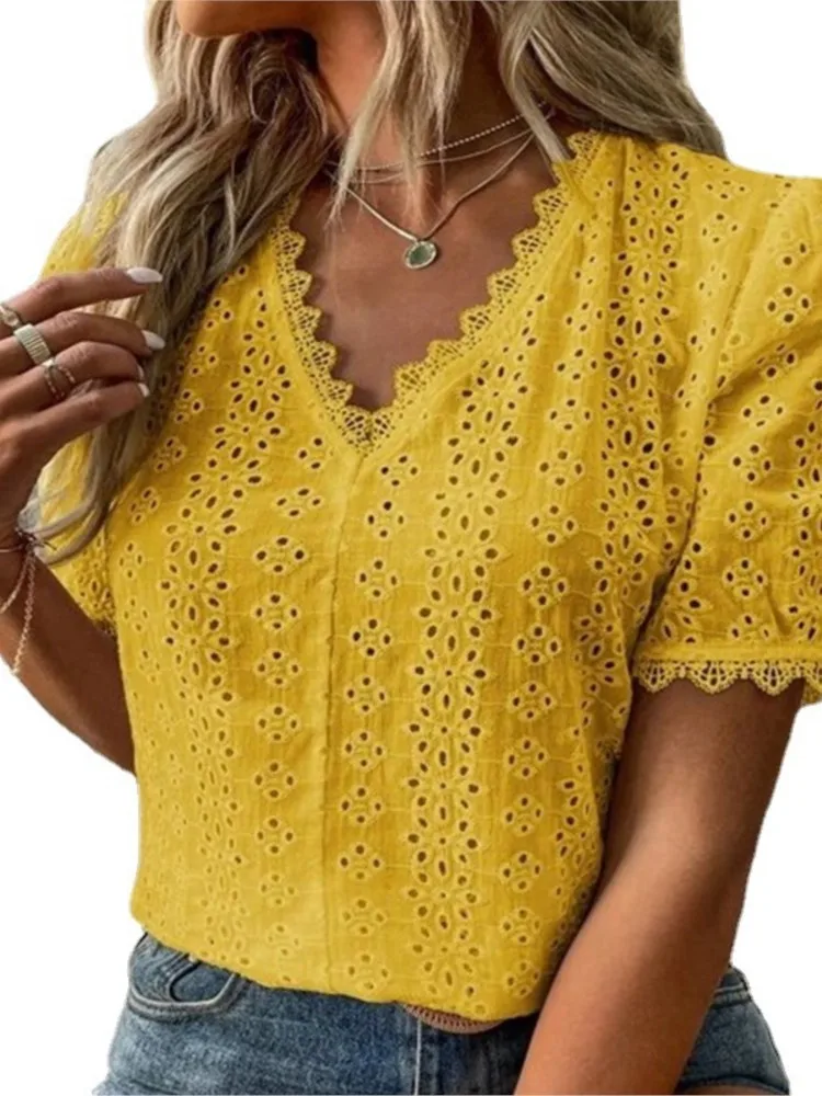 Women's Summer New Fashionable Solid Color Sexy V-neck Lace Hollow Out Casual Comfortable Short Sleeved Shirt Top