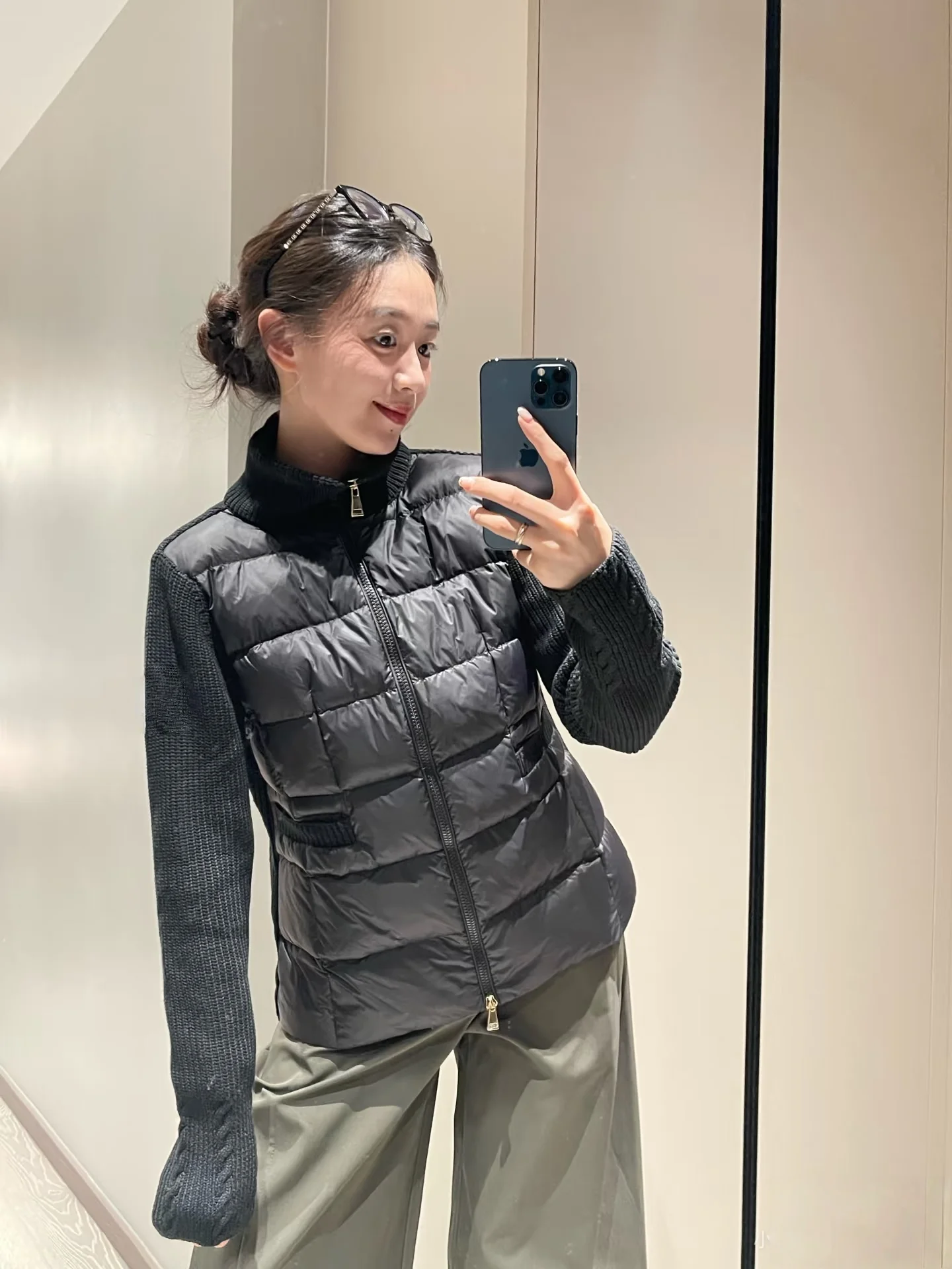 

Slim Fit down Jacket Women's Fashion Warmth Knitted Goose down Splice Cardigan Coat Long Sleeve Pocket Elastic Seal Mouth