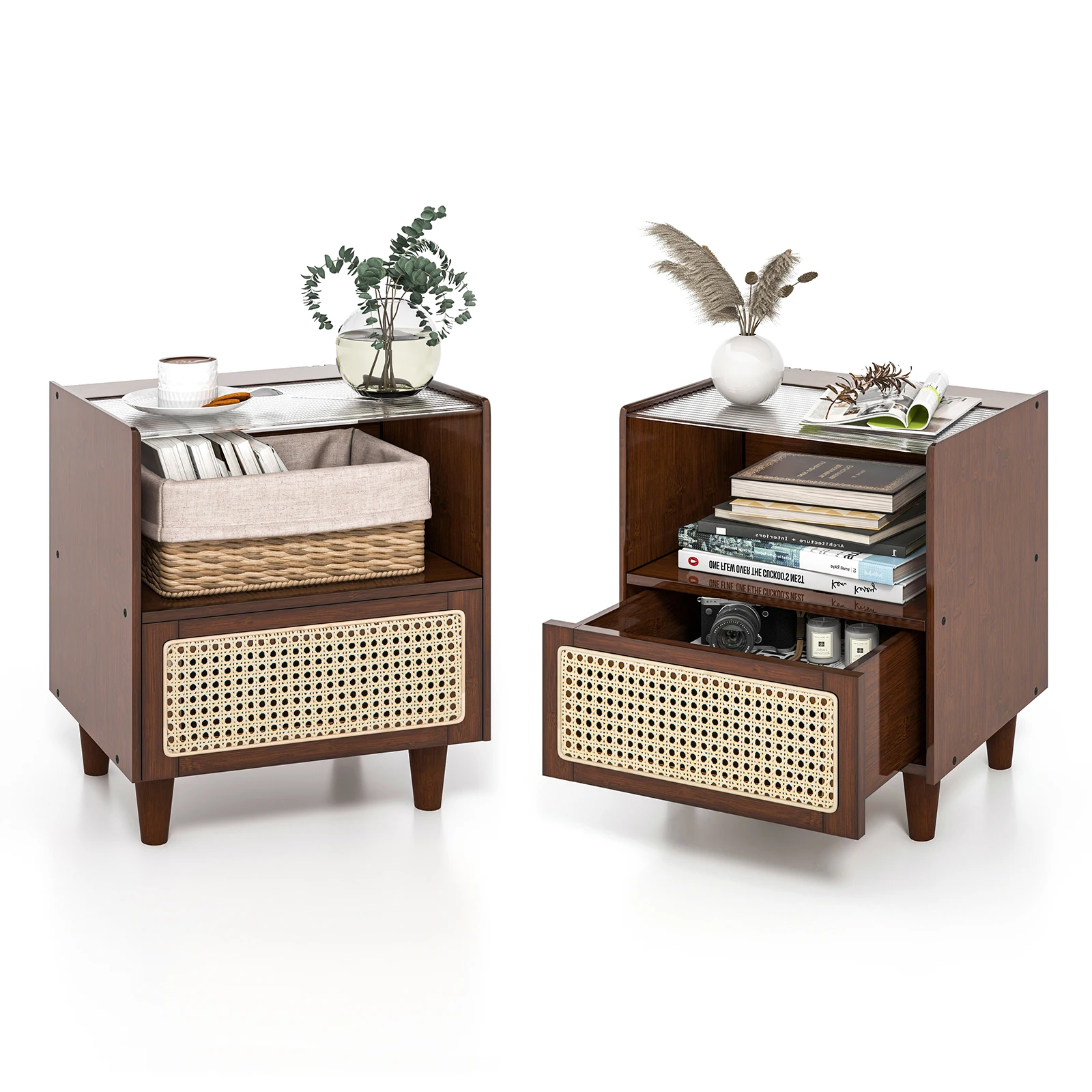 Rattan 2 Set Bedside Table Bamboo Bedside Cabinet with Drawer side table table with Glass Table Top and Open Compartment Sofa table