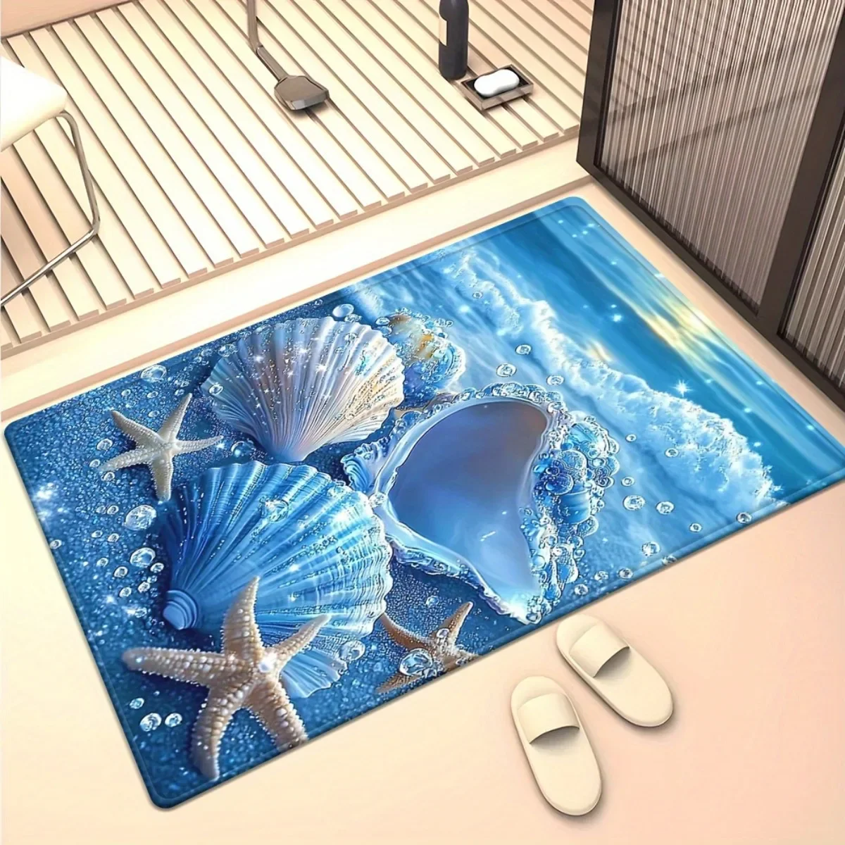 1pc 2D Flat Blue Seashell Starfish Ocean Waves Flannel Bath Mat Non Slip Beach Theme Shower Rug for Bathroom Toilet Floor Decor