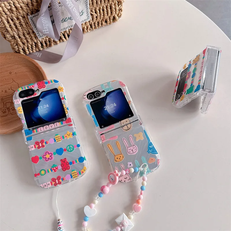 

Flower Cute Rabbit Stickers for Samsung Galaxy Z Flip 7 6 5 4 Protective Back Cover for ZFlip5 ZFlip6 ZFlip7 Case Shell