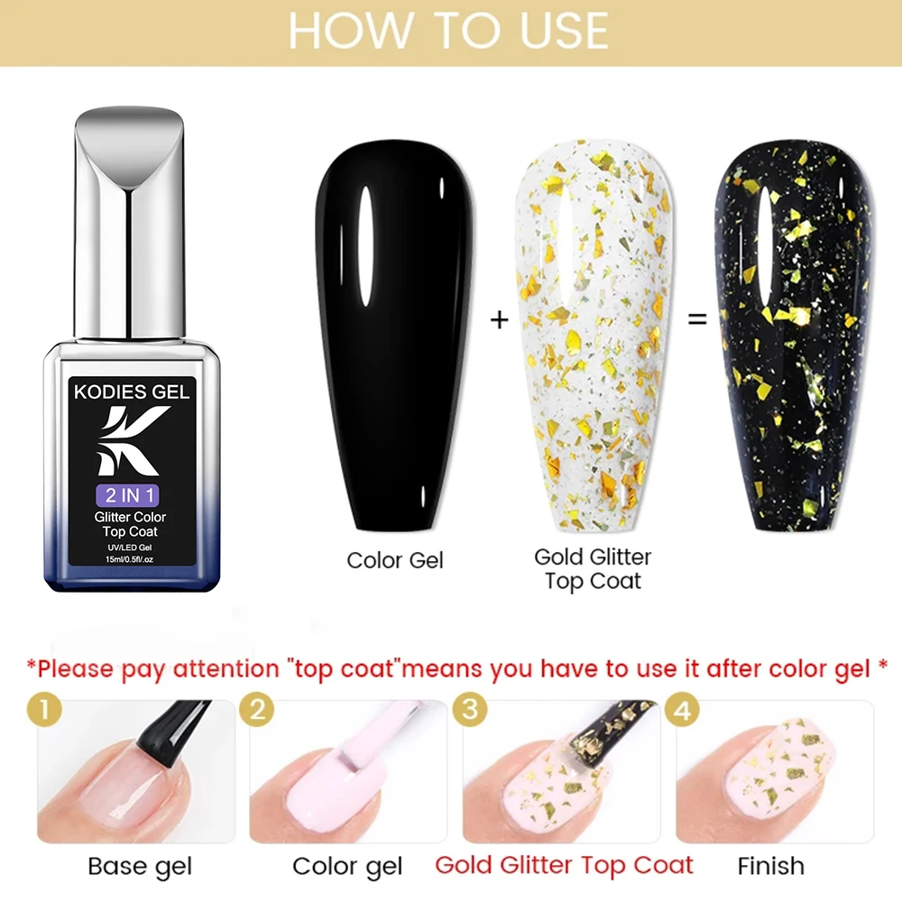 KODIES GEL Matte Top Coat Glitter Foil Flake Gel Nail Polish Matte Finish 15ML Semi Permanent UV/LED Soak Off Gel Varnish Nails