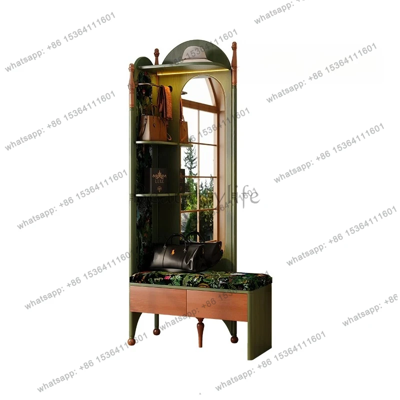 

French retro new Chinese solid wood coat rack, full-length mirror, shoe change stool, integrated entrance door and entrance