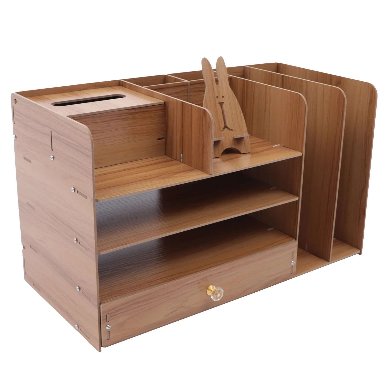 Organizzatore di file in legno, 4 strati, pannello in legno ad alta densità, colore legno di ciliegio, portapenne, cassetto portaoggetti, supporto per telefono coniglio