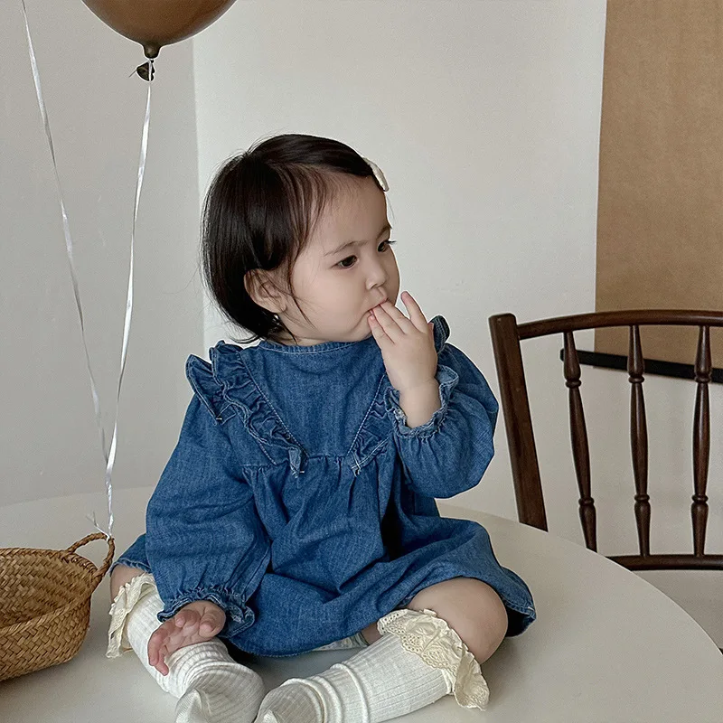 Vestido jeans de babados de manga comprida para bebês, lindo vestido de princesa, criança infantil, roupas infantis, novo, outono, 2022