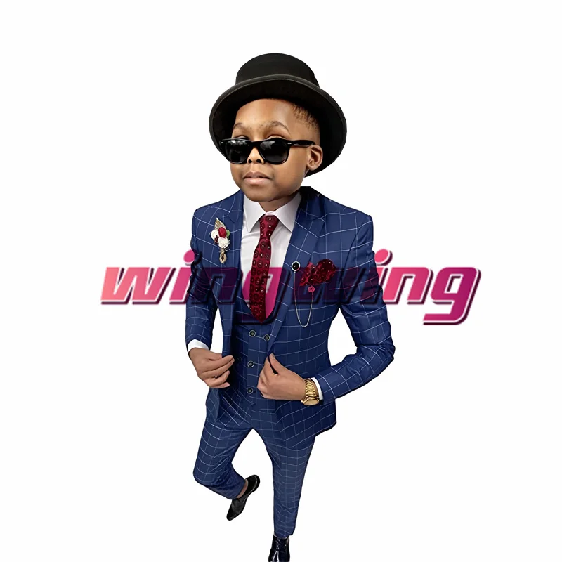 

Check Boys Three-Piece Suit Fashion Kids Wedding Tuxedo Child Clothes 2-16 Years Old Blazer Slim Fit Tailored Outfit