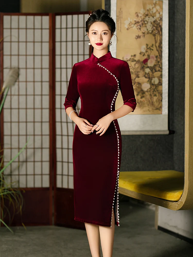 

Elegant Velvet Maternity Wedding Dress Slimming High Collar Long Sleeve High Split Daily Wear Pure Color Midi Dress