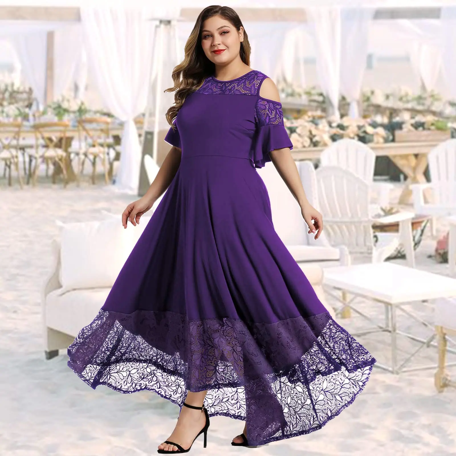 

Customized Exquisite Mother of The Bride Dress for Wedding Womens Lace Cold Shoulder Casual Long Plain Evening Party Maxi Dress