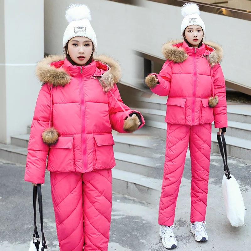 2023 Winter Jacket Women Snow Clothes Warm Pant Suits Real Fur Collar Parka Women Down Cotton Coat 2 pieces Set Outwear Ladies