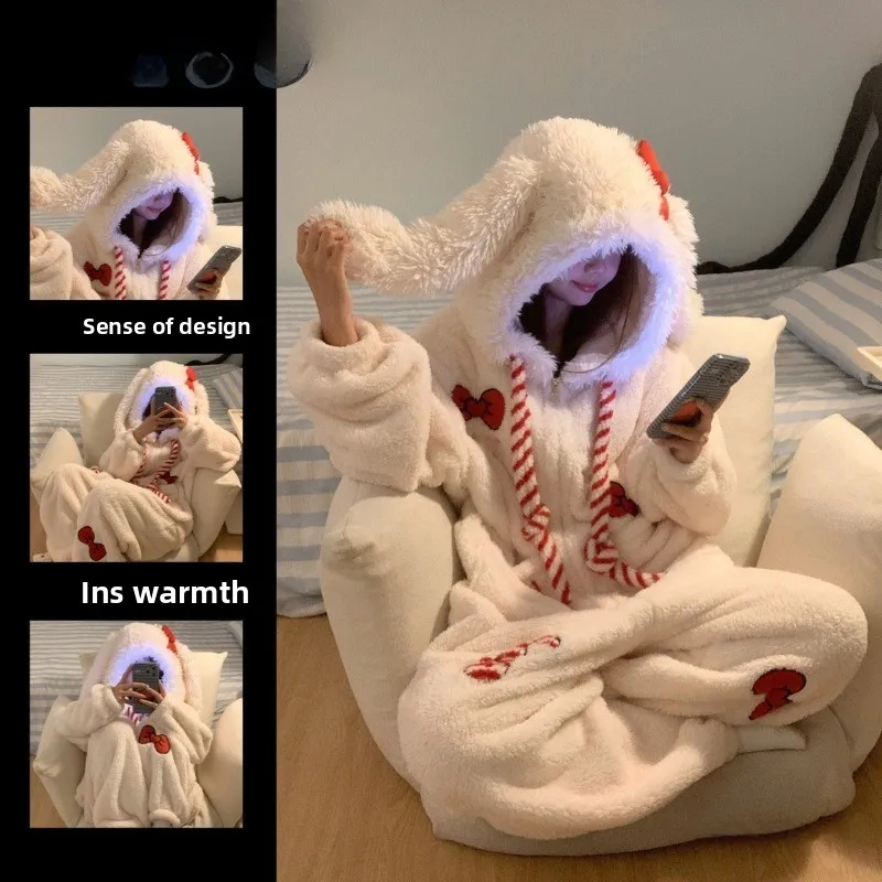 

Sweet and Cute Bow Rabbit One-piece Pajamas Women's Winter New Fleece Thickened Coral Fleece Large Size Loungewear Sleepwear