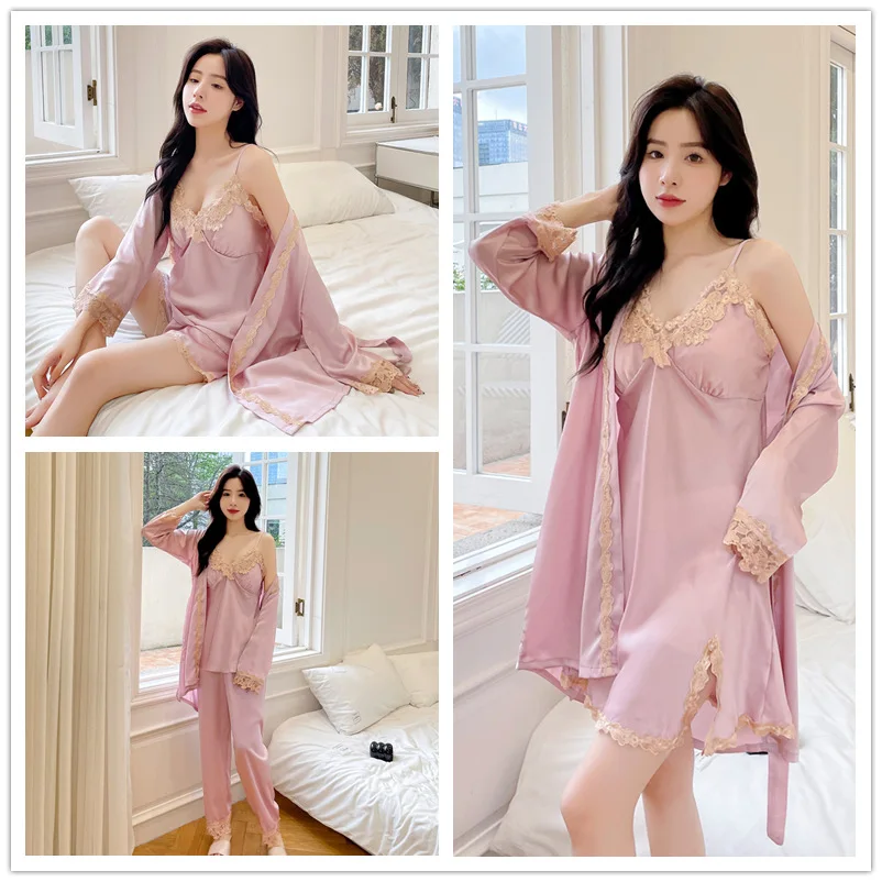 

2024 New Girls Silk Five Piece Set Home Clothing Spring and Autumn Sexy Suspender Pajamas Pajama Robes Sexy Five-piece Setpijama