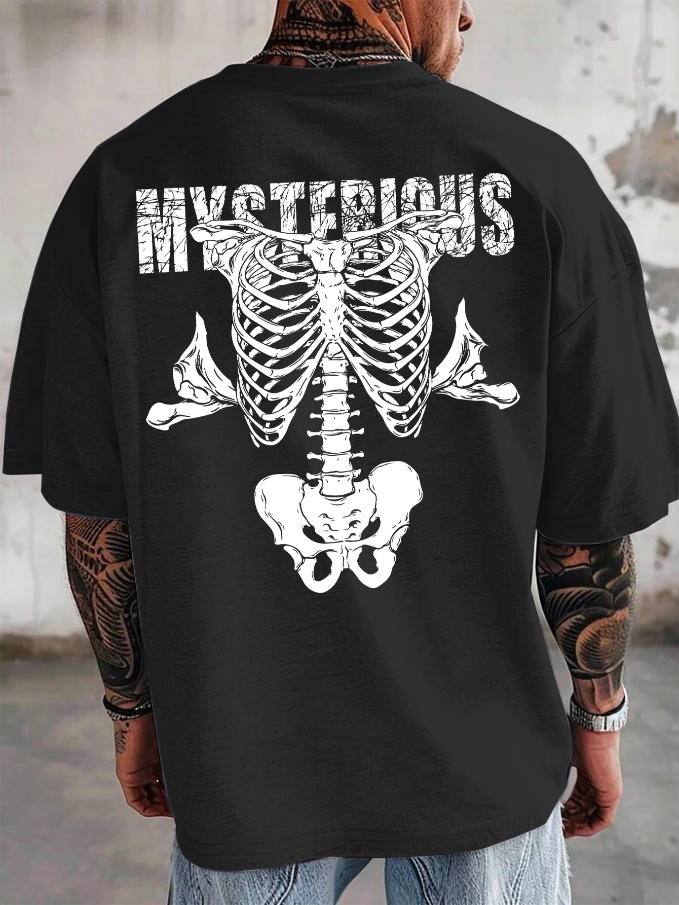 Men Oversized T-Shirt Human Rib Cage Skeleton Mysterious Crack Bold Font Back Print Gothic Streetwear Loose Tee
