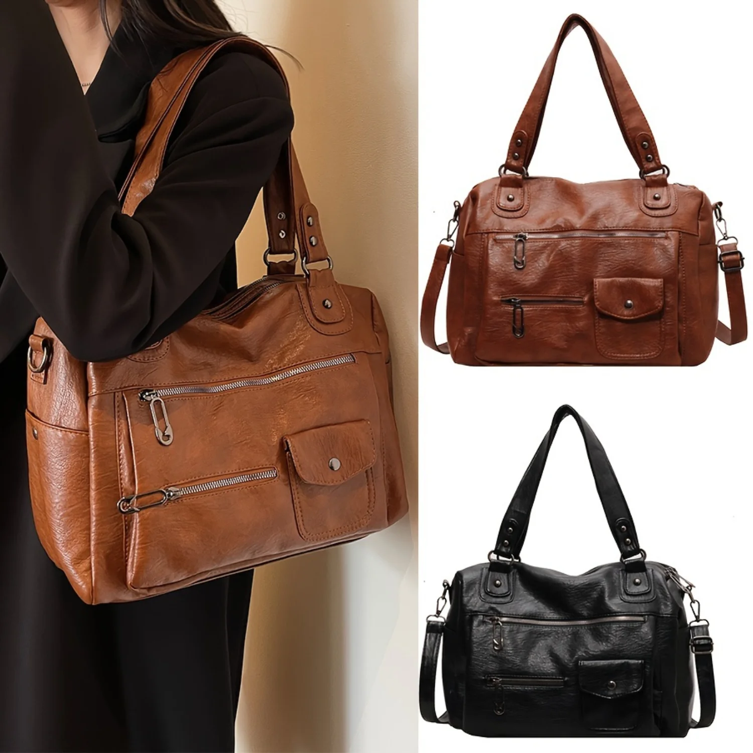 

PU Leather Tote Bag with Multi Pockets - Shoulder Bag for School, Work, Travel