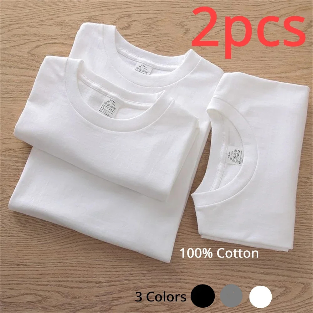 2PCS 100% Cotton Solid T Shirts Men's and Women's Short Sleeve White Tees Casual Breathable Loose Round Neck T-shirt Couple Tops