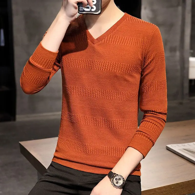 

Fashion V-Neck Solid Color Loose Casual T-Shirt Men's Clothing 2023 Autumn New Korean Pullovers Long Sleeve All-match Tee Shirt