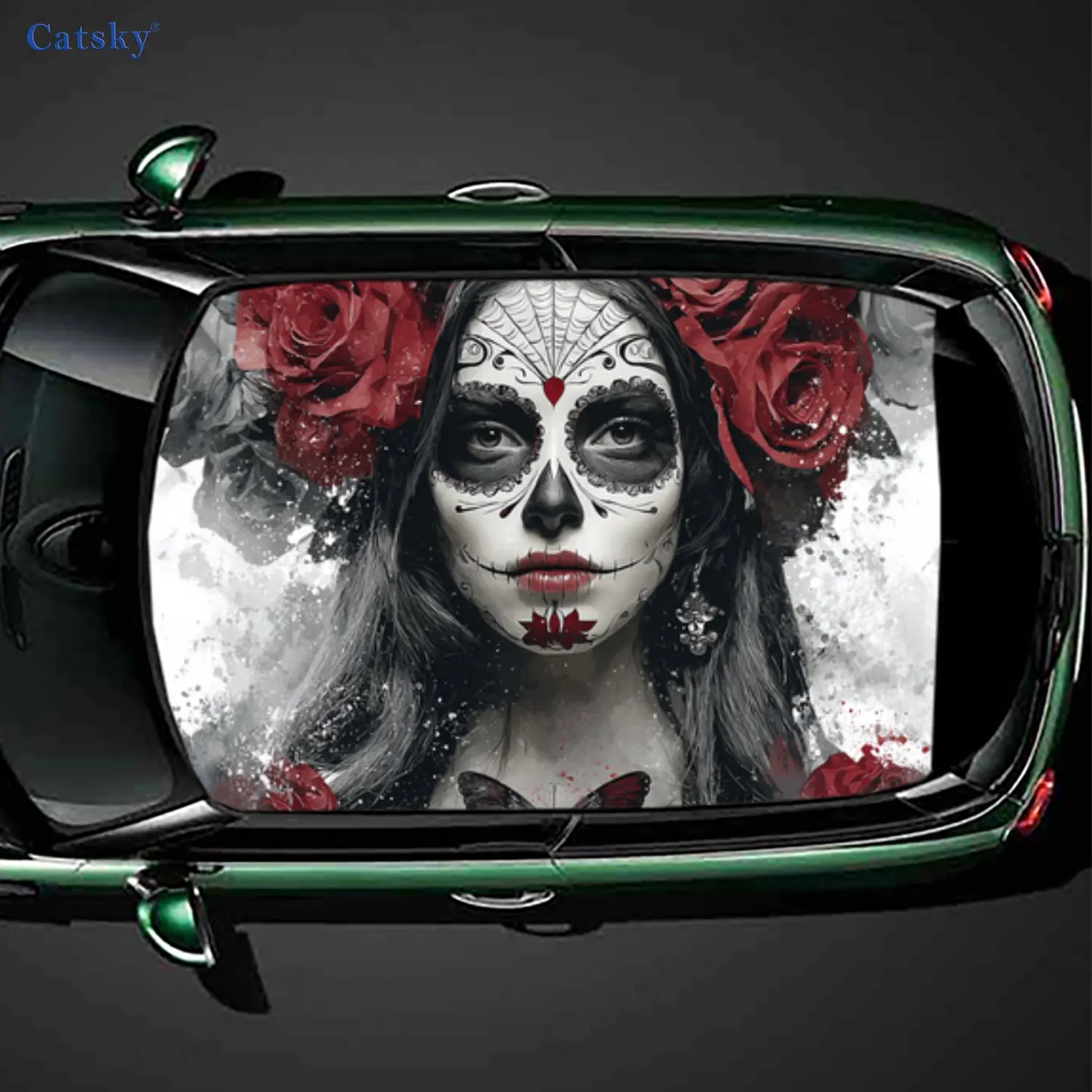 Etiqueta engomada del tejado del coche de la maravilla visual de la rosa del cráneo del azúcar de la belleza, etiqueta engomada impermeable autoadhesiva del vinilo del coche del PVC, protección de la decoración del coche