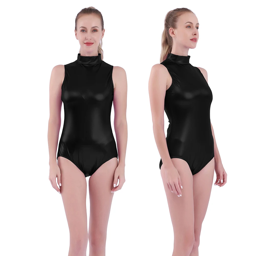 Aoylisey justaucorps métallique brillant pour femmes, col haut, sans manches, pour spectacle de danse, fermeture éclair au dos