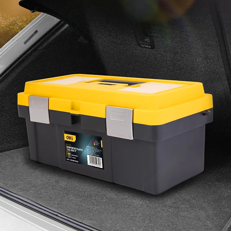 Deli 17in Plastic Tool Box, Storage Organizer with Secure Latch, Portable Design, Perfect for Home, Garage, and DIY Projects