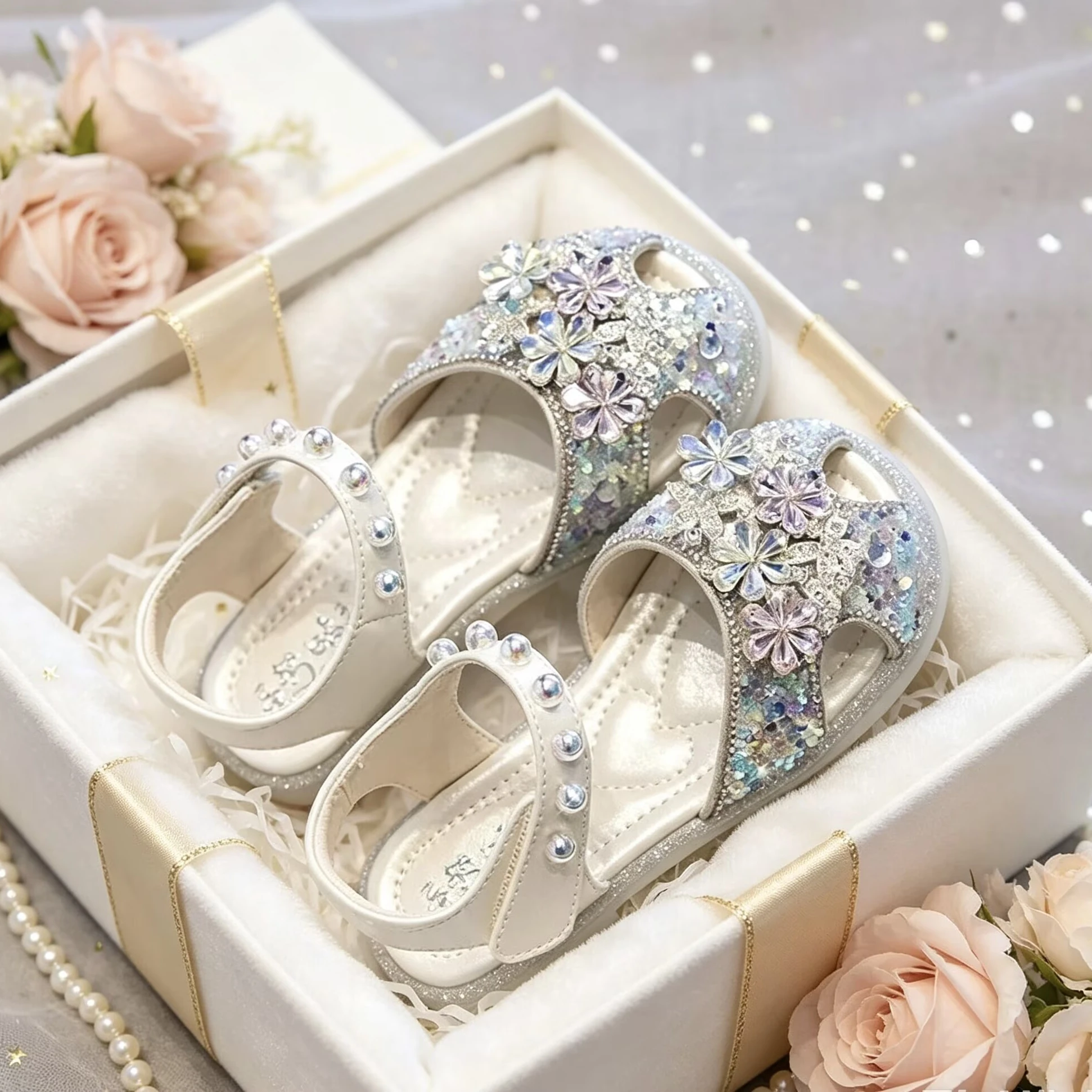 Girls Crystal Leather Sandals with Beaded Strap 2026 New Summer Toddler Beach Shoes Non-slip Trendy Princess Party Wedding Flats
