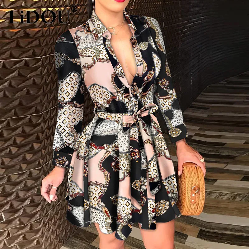 

Spring Autumn Polo-neck Sexy Printing Mini Vestido Ladies Long Sleeve Lace Up Waist Shirt Dress Women's Trend Buttons Robe Femme