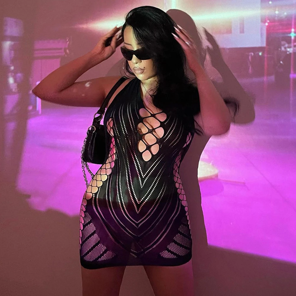 2023 New Women\'s Fishing Net Tight Lingerie Costumes Sexy Mesh Transparent Bodycon Dress Erotic Elasticity Mini Dresses Clothes