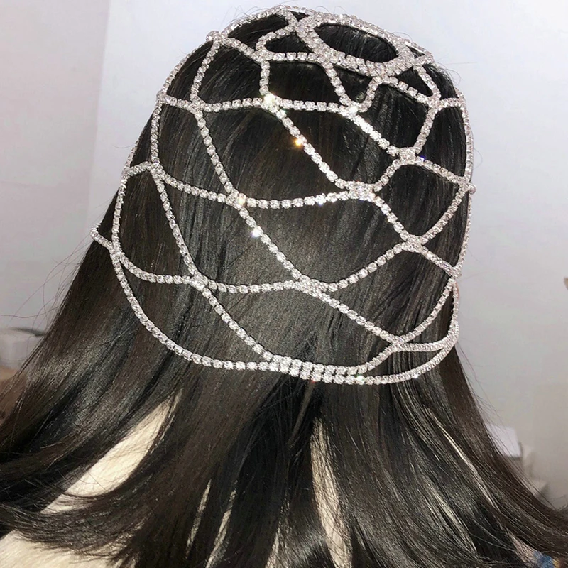 Hollow Out Rhinestone Mesh Headpiece Wedding Head Chain Jewelry for Women Luxury Crystal Headband Head Cap Hat Hair Accessories