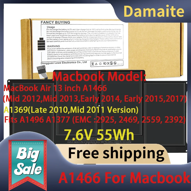 

Damaite 7.6v 55Wh A1466/1405 Laptop Battery For MacBook Air 13 inch A1466 (Mid 2012,Mid 2013,Early 2014, Early 2015,2017)