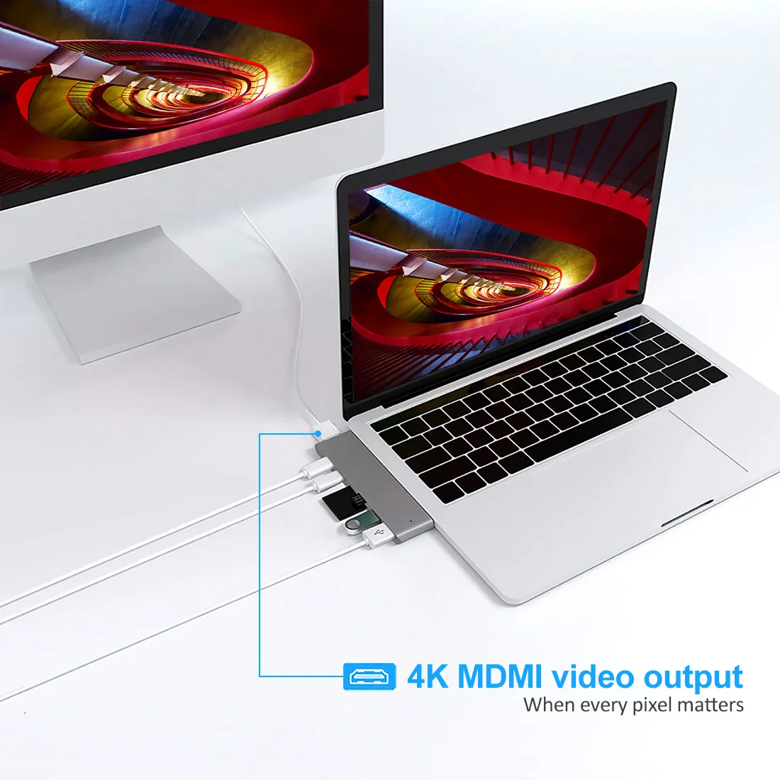 USB C Hub for MacBook Pro Air, USB-C Duo, HDMI-متوافق, 4K 60Hz, HDR, 100W, PD, 40Gbps, USB 3.1, Micro SD, قارئ بطاقة SD, 7 في 2