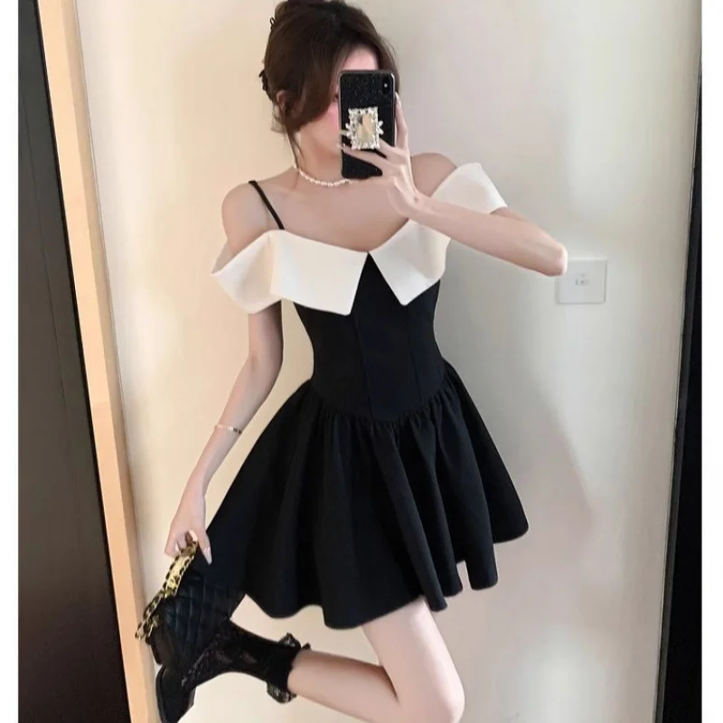 

French Style Off-Shoulder Dress for Women Summer Black High-End Elegant Dress Birthday Party Dress Waist-Cinching Short Dress