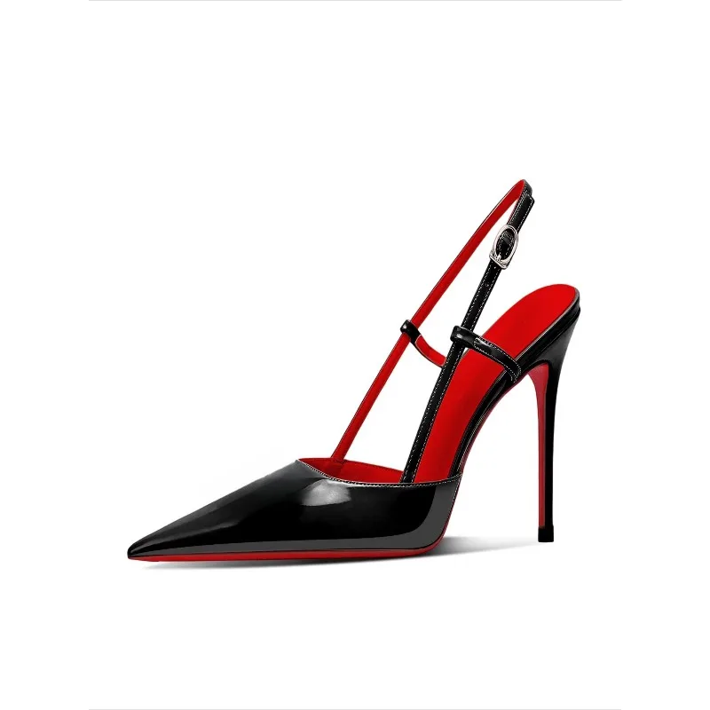 

Новые женские туфли-лодочки на шпильке, черные, с открытым задником и низким вырезом, с острым носком.