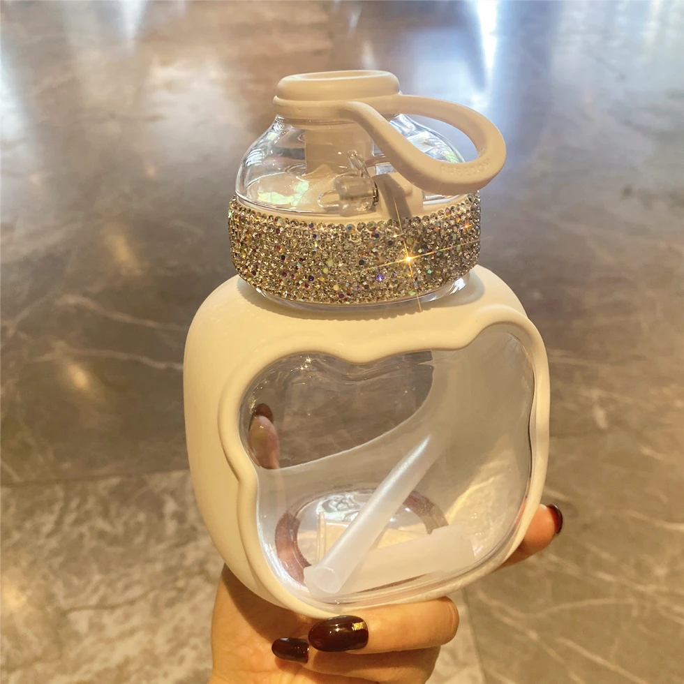 1000ml Cartoon Cute Bear Straw Cup Diamonds Portable With Carry Rope Large Capacity Water Mug Student Children's Potbelly Bottle