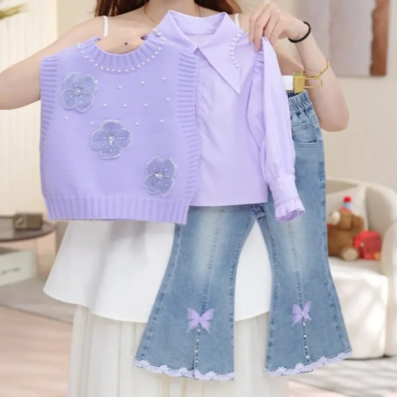 

Осенняя новая коллекция для девочек, стильная весенне-осенняя коллекция, жилет с цветочным принтом для девочек, рубашка, джинсы, комплект из 3 предметов