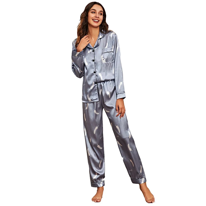 Silk Pajamas Set For Women Sleep Lounge Wear Female Pyjamas Leopard Fashion Lady Long Sleeve+Pants Nightwear Sexy Spring