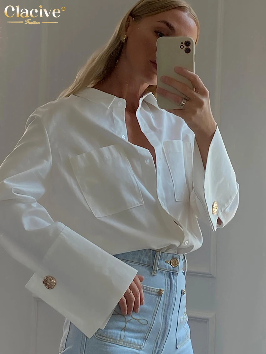 Clacive Mode Frau Blusen 2022 Elegante Revers Langarm Büro Dame Shirts Beiläufige Lose Weiß Taschen Tops Weibliche Kleidung