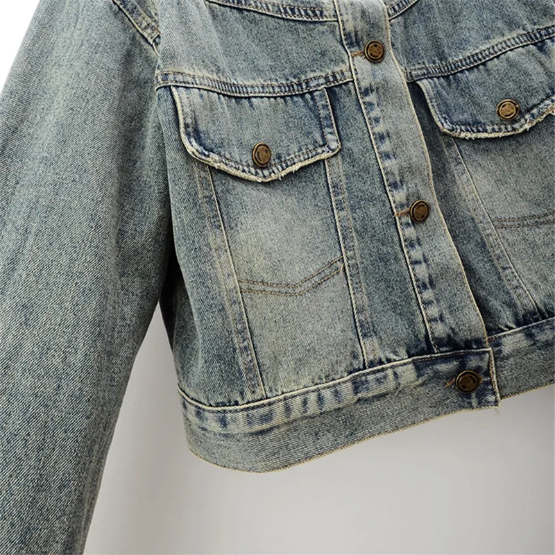 Vintage Blue Denim Jacket Women Cowboy Outwear Spring Autumn Slim Short Big Pocket Stand Collar Back Zipper Jeans Jacket Female