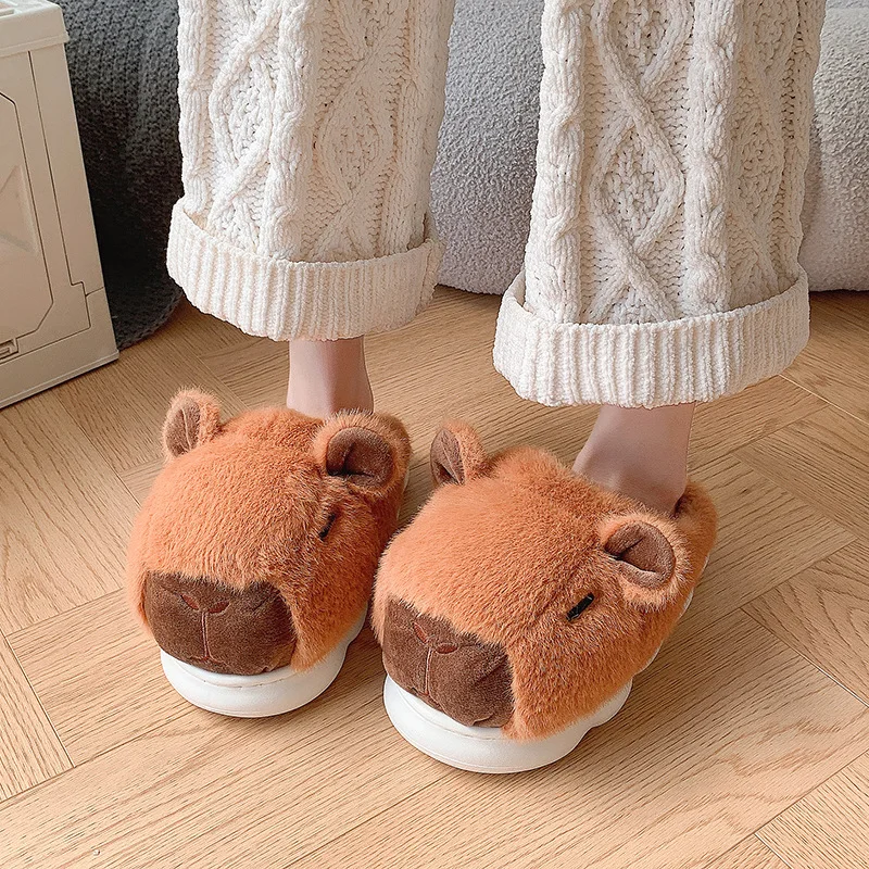 SHAJI Couple Cute Capybara Design Plush Slippers, Winter Warm Fleece Lined Soft Platform Non Slip Indoor Comfortable Home Shoes