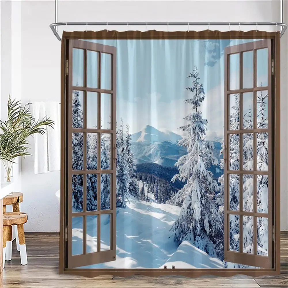 Winter Landscape Shower Curtains Brown Window Cedar Snow Mountain Nature Scenery Home Bathroom Decor Bath Curtain Set With Hooks