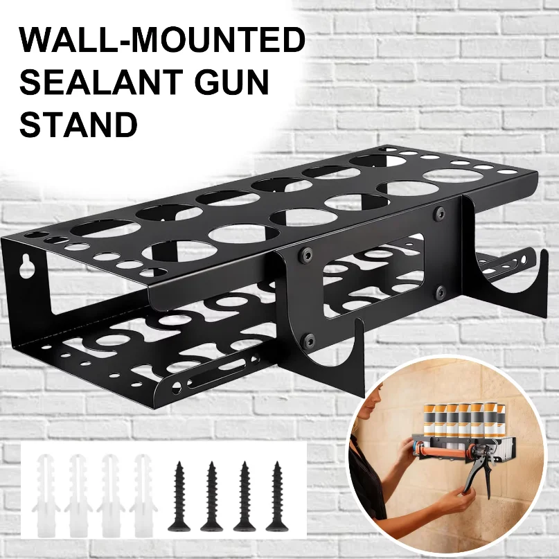 Organizzatore da parete per pistola per stucco, robusto supporto in metallo nero per 12 tubi, 12 ugelli e 1 pistola. Verniciato a polvere, montaggio c