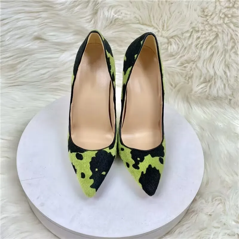 European And American New 2023 New Color-blocking Horsehair Celebrity High-heeled Shoes Pointy Thin Heel Shallow Single Shoe Wom