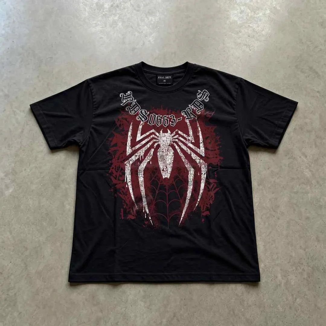 American Retro Distressed Spider Pattern T‑Shirt, Unisex Loose Short Sleeve Tops Vintage  Polyester Street Fashion Tee