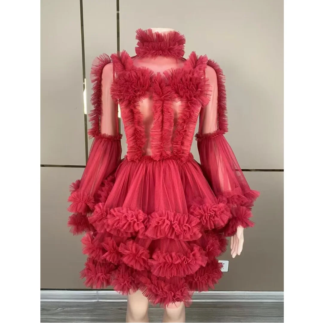 

Women Sexy Mesh Perspective Turtleneck Mini Dress Female Singer Stage Performance Costume Bar Nightclub Birthday Party Dress
