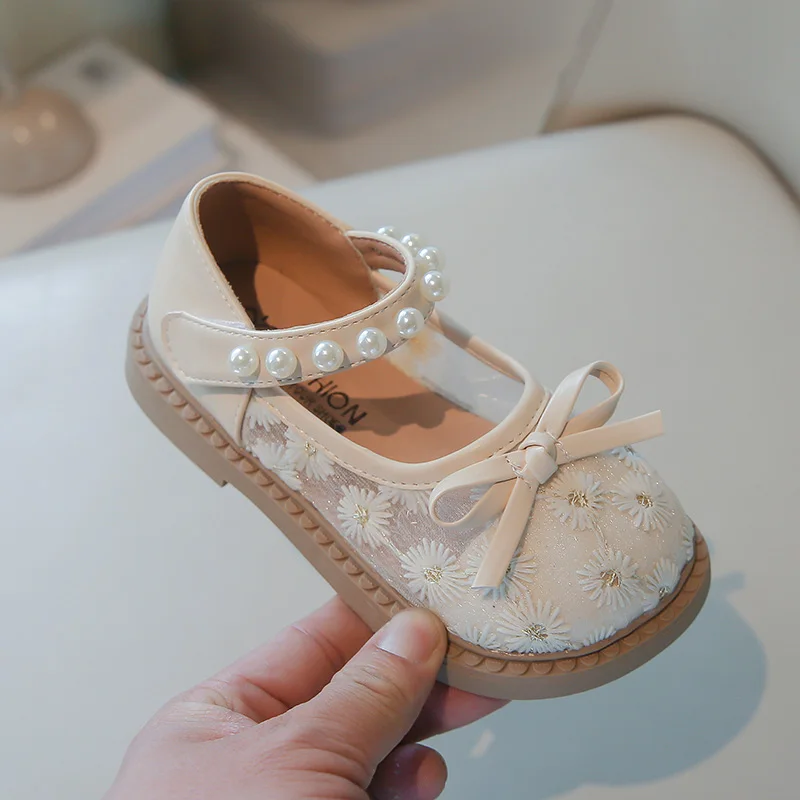 

Girls Mesh Leather Shoes Four Seasons Bow Mesh Breathable Kids Single Shoes 2-18 Years Old Beige Non-slip Children's Baby Shoes