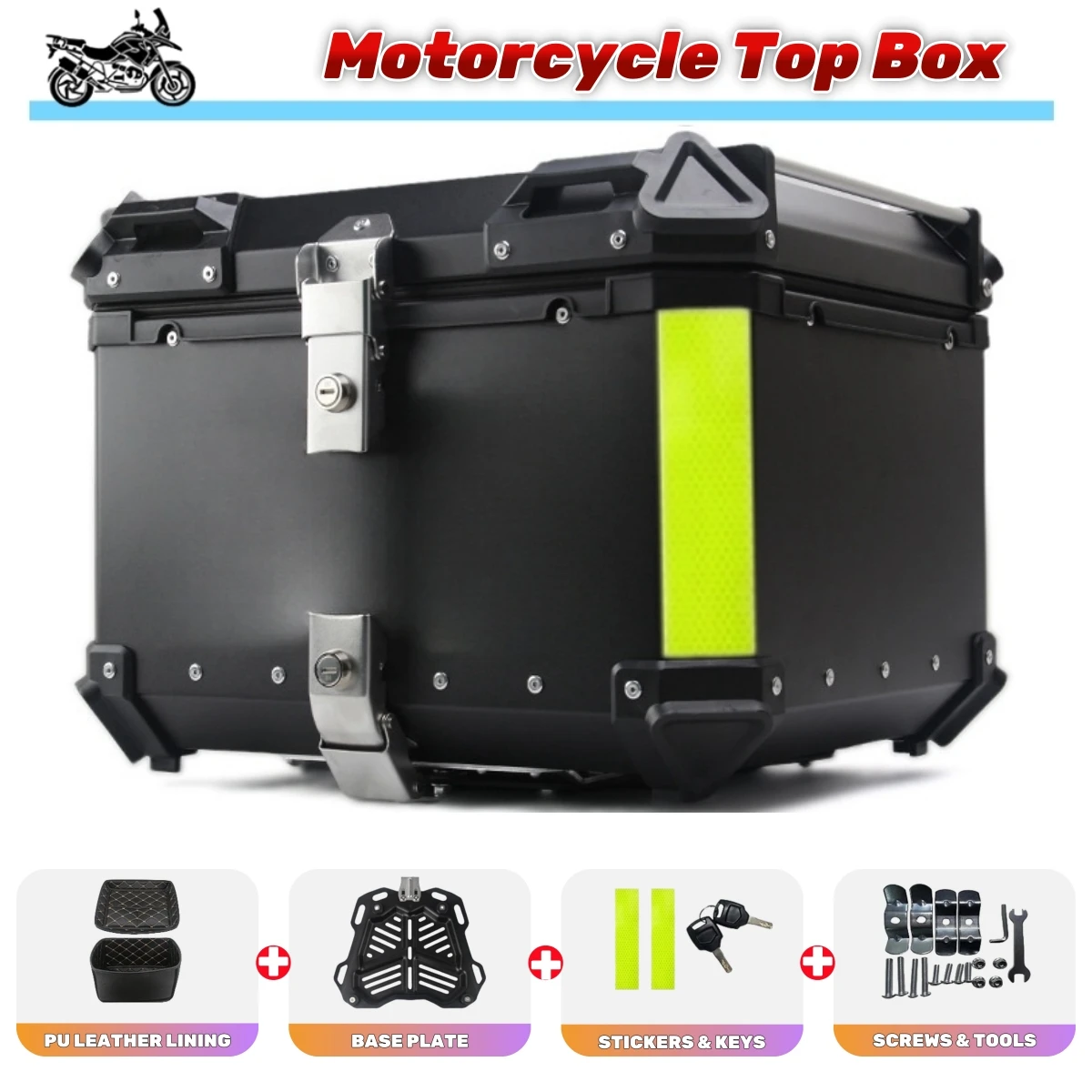 65L Motorcycle Top Box Aluminium Alloy Helmet Box For Motorcycle Luggage Storage Cases Travel Waterproof Motorbike Tail Box