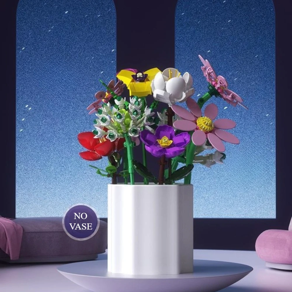 MOC Violet Cosmos Bloemboeket Bouwstenen Thuis Tafelornamenten Romantische Speelgoedbeeldjes Ambachtelijke Bruiloft Valentijnsdag Geschenken