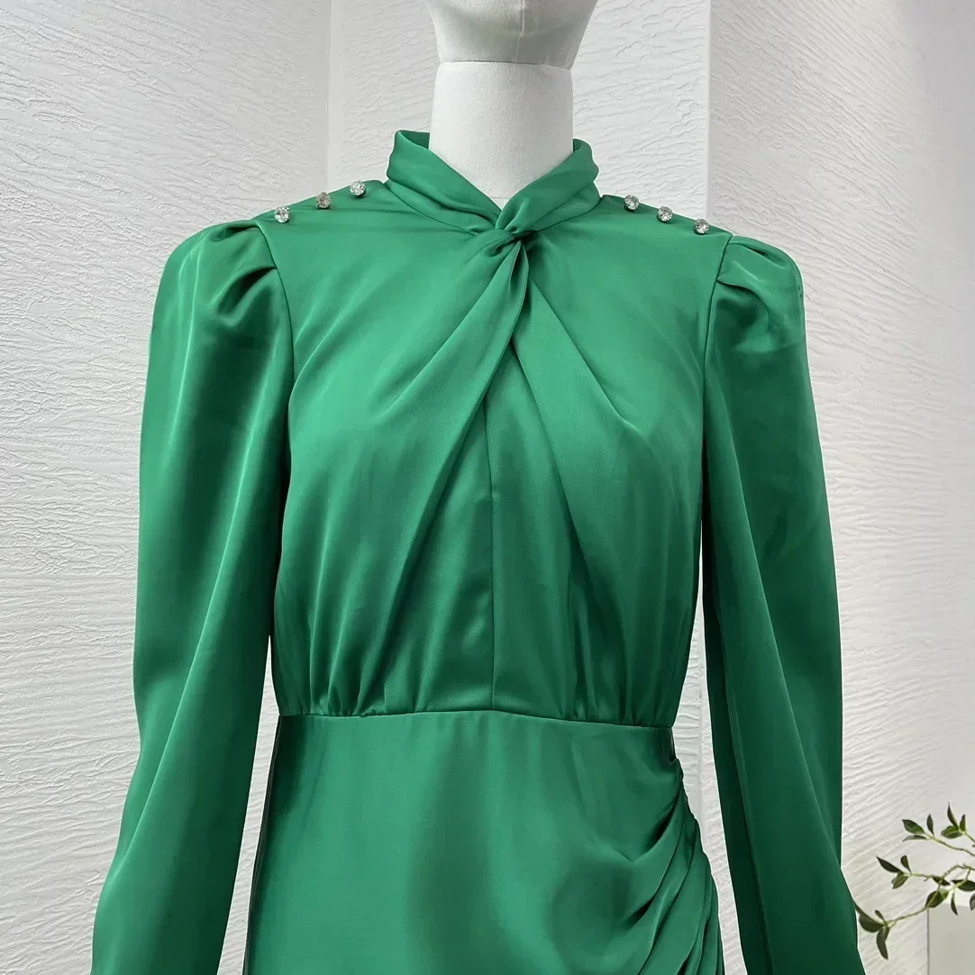 Green Cross Long Sleeve Knot Front Diamonds Side Slit Satin Midi Dress Elegant Women New Top Quality Clothes