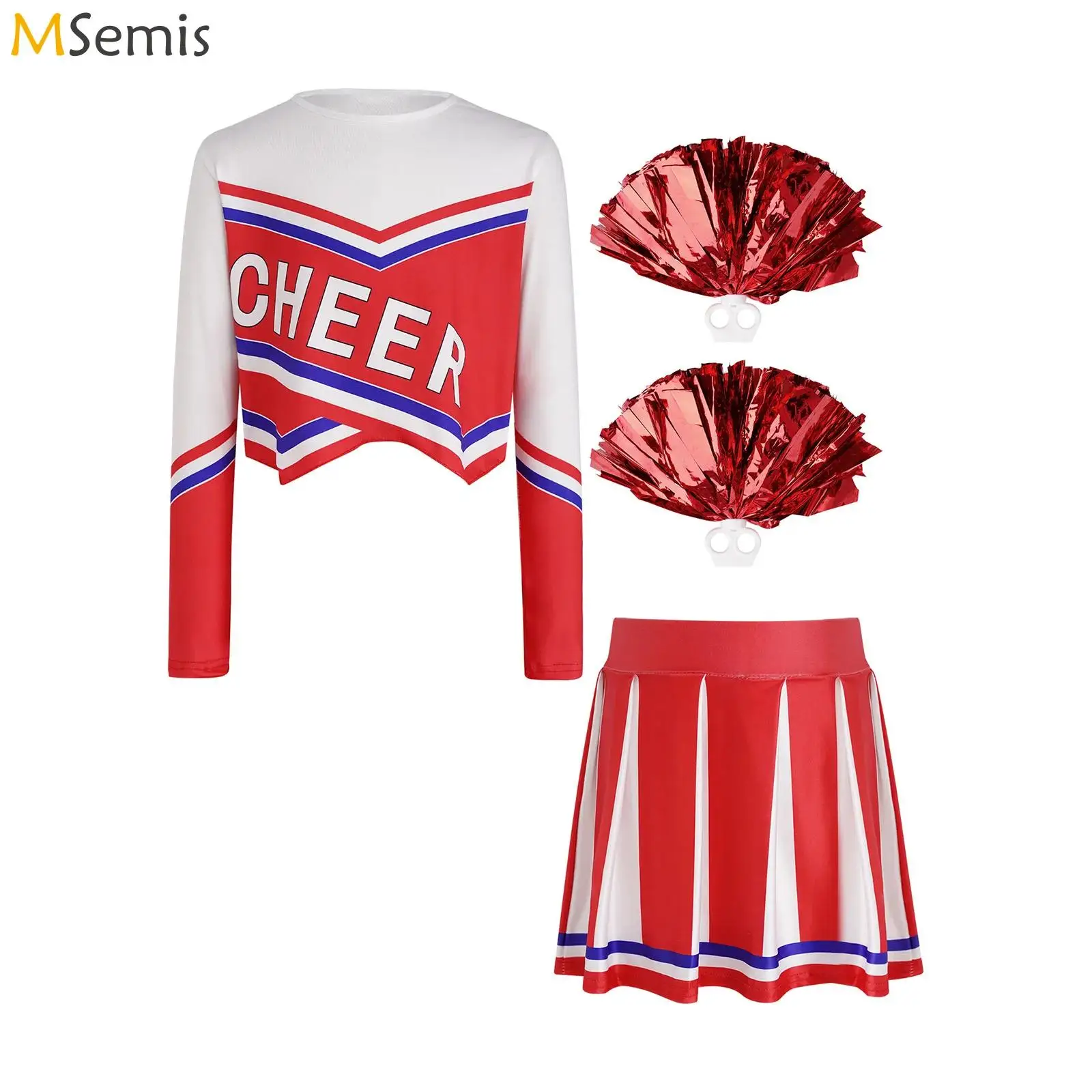 Kids Girls Cheerleading Outfit Cheerleader Costume Long Sleeve Asymmetrical Hem Letter Print Top with Skirt And 2pcs Pom-pom