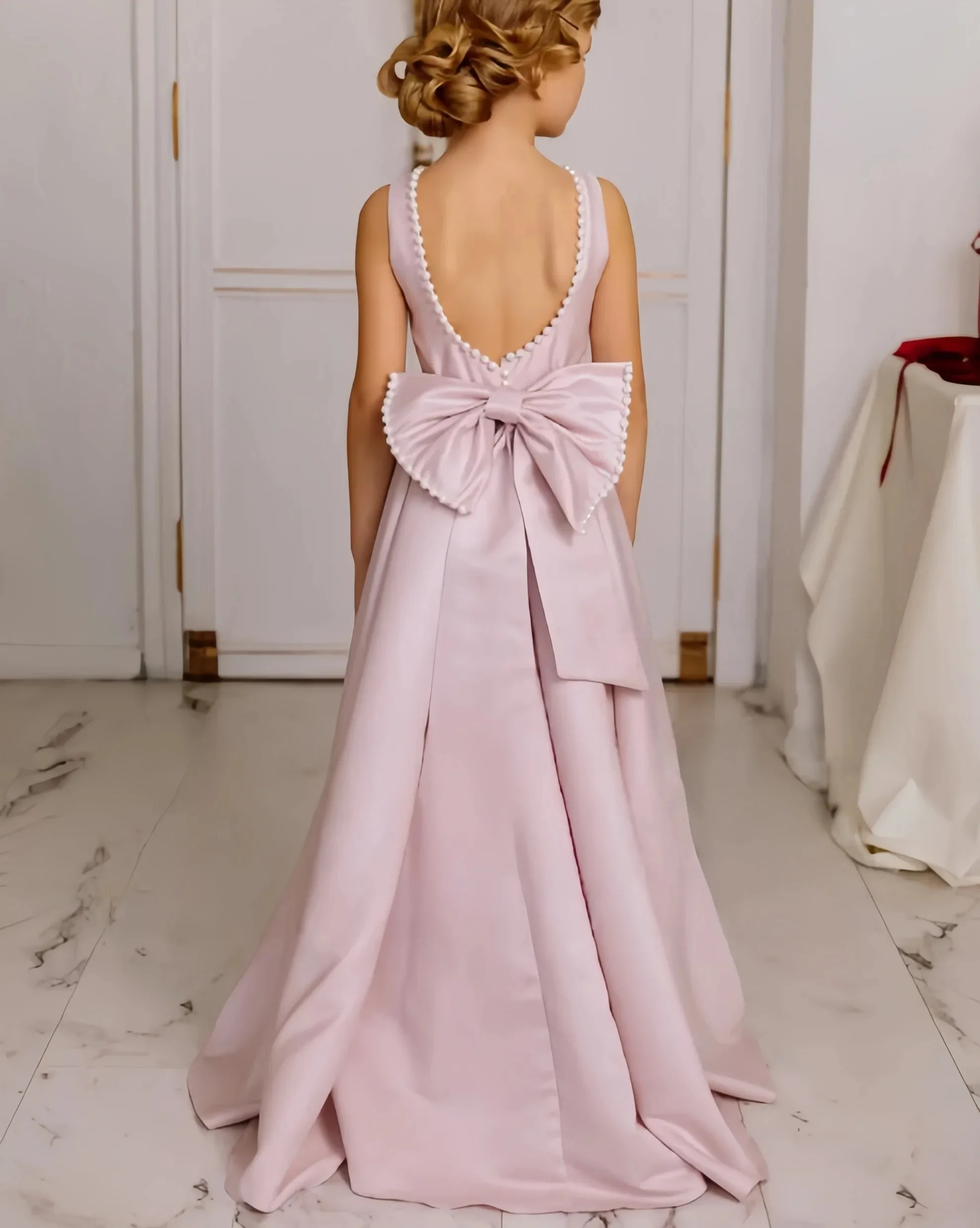 Pink Beaded Bow Sleeveless Dress Flower girl dress for Christmas Wedding  Ceremonie Birthday party Banquet Holiday Celebrations