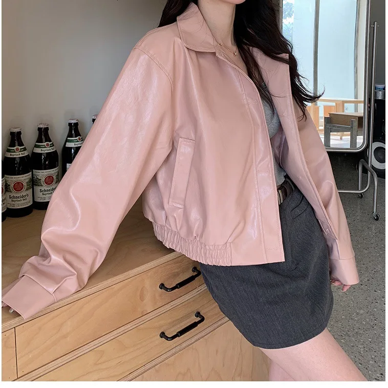Autumn Korean Pink Leather Jacket Cropped Jacket Women's American Retro High-end Versatile Casual PU Leather Jacket Top