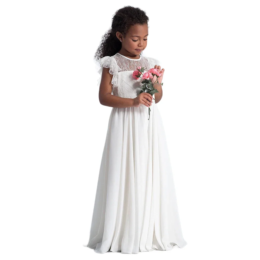 Flower Kids Wedding White Lace Dresses for Girl Long Dress First Holy Communion Baptism Ceremony Clothes Party Evening Cute Gown